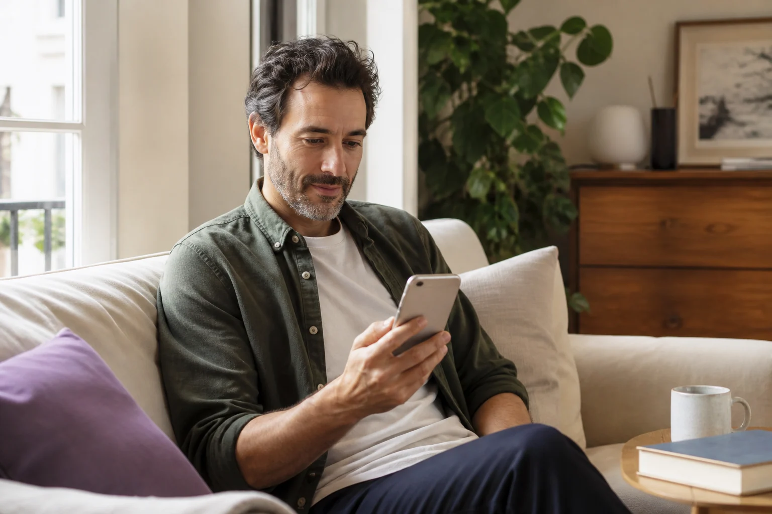 Un particulier consulte ses choix et ses droits depuis son téléphone dans un intérieur lumineux