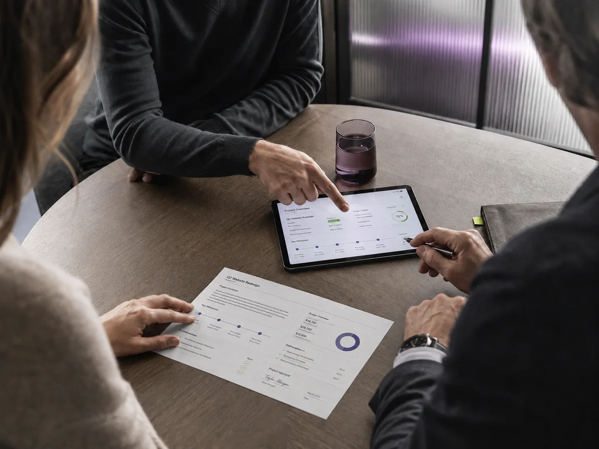 Trois acteurs vérifient ensemble une même preuve de consentement sur une tablette et un document
